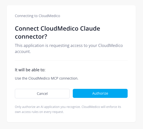 Οθόνη εξουσιοδότησης του CloudMedico για σύνδεση με το Claude